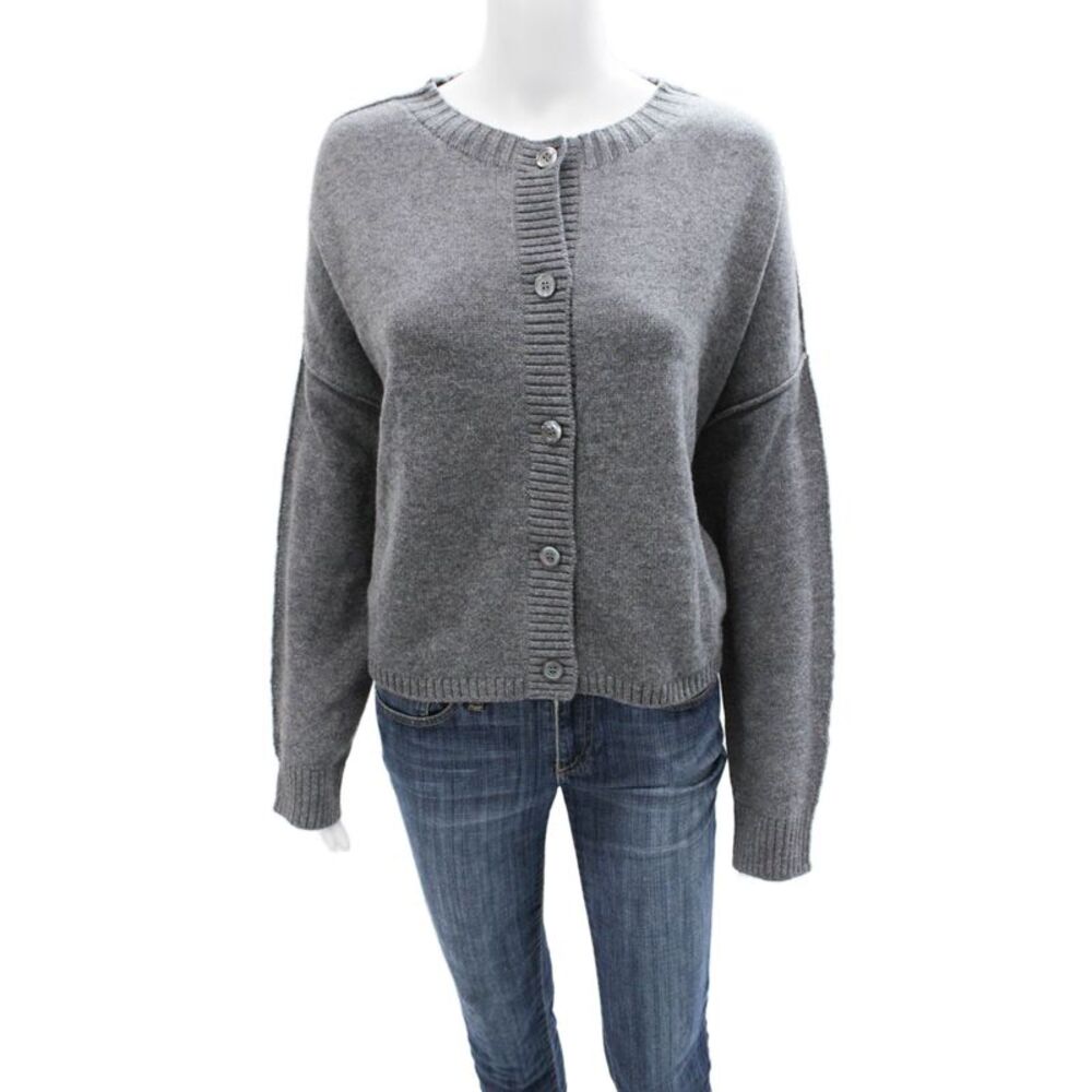 Margittes Women Cardigan Merino Wool Gray Crew Neck Long Sleeve Size L